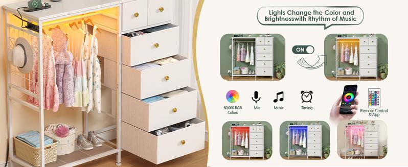 47.2" White Dresser with Hanging Rack, 2 in 1 Bedroom 6 Drawers Dresser with LED Lights & Charging Station, Wooden Dressers with Fabric Drawers and Clothing Rack for Girls, Kids