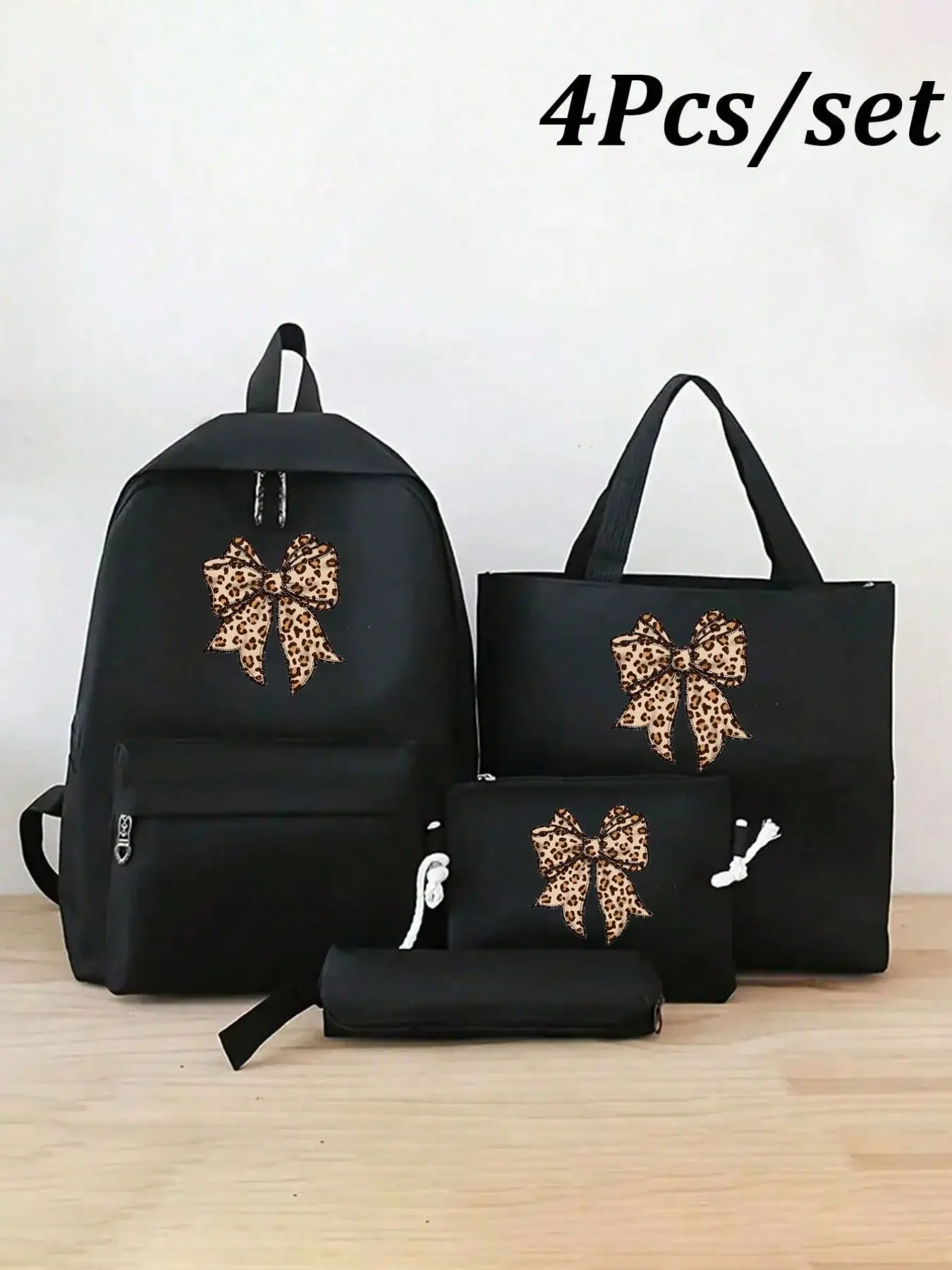 4-Piece Y2K Leopard Print Backpack Set, Fashionable Large Capacity Shoulder Bag, Portable Pencil Case, Wallet, School Supplies for Teens