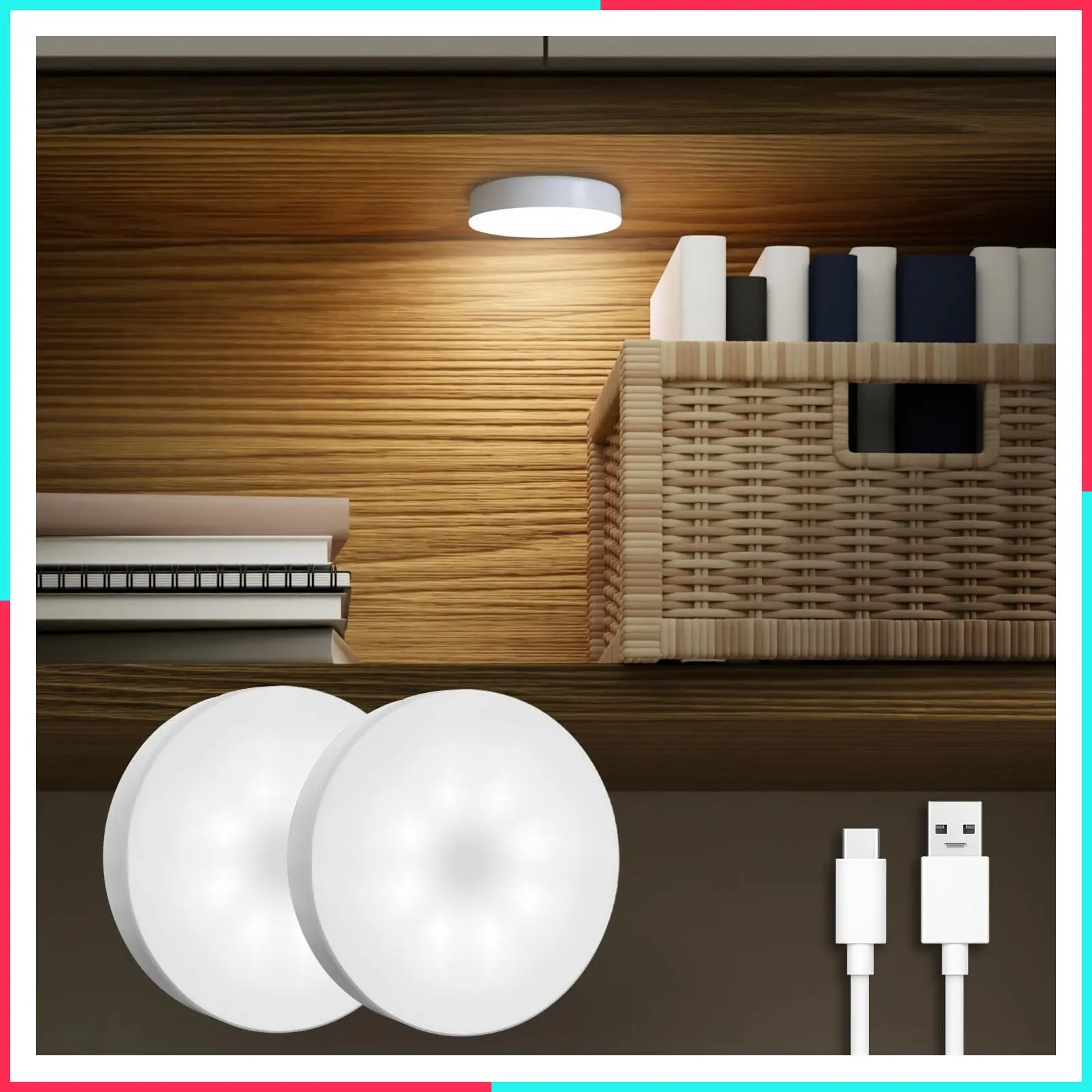 Rechargeable Puck Lights 2-Pack, Magnetic Tap Light, Cool White