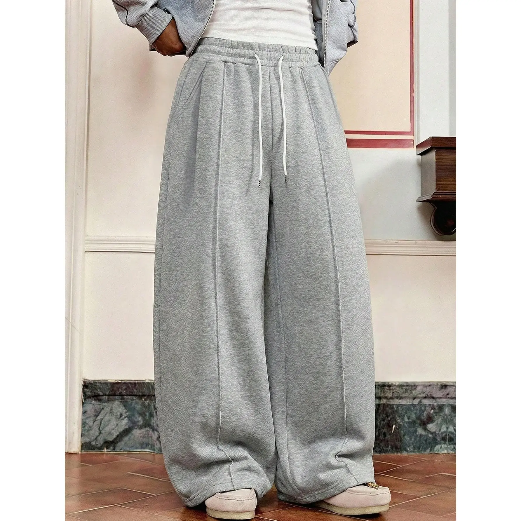 Men's Casual Drawstring Waist Pleated Patchwork Sweatpants, Light Grey, Spring/Autumn,Oversized,Baggy Pants Wide Leg Sweatpants Grey Sweatpants Men Oversized Pants Grey Baggy Sweatpants