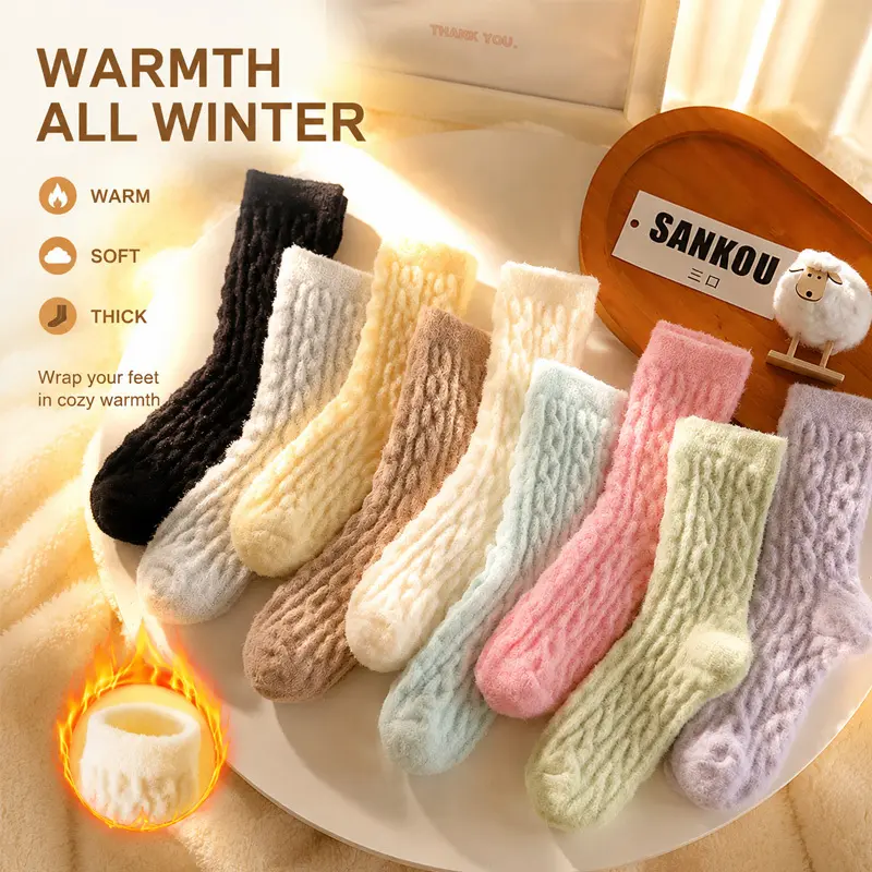 5 Pairs Coral Fleece Socks for Women, Soft & Thick Plain Calf Length for Daily Wear & Winter Warmth, Ideal Christmas Gift, Lady, Basic, Mixed Color-5 Pairs, Adults