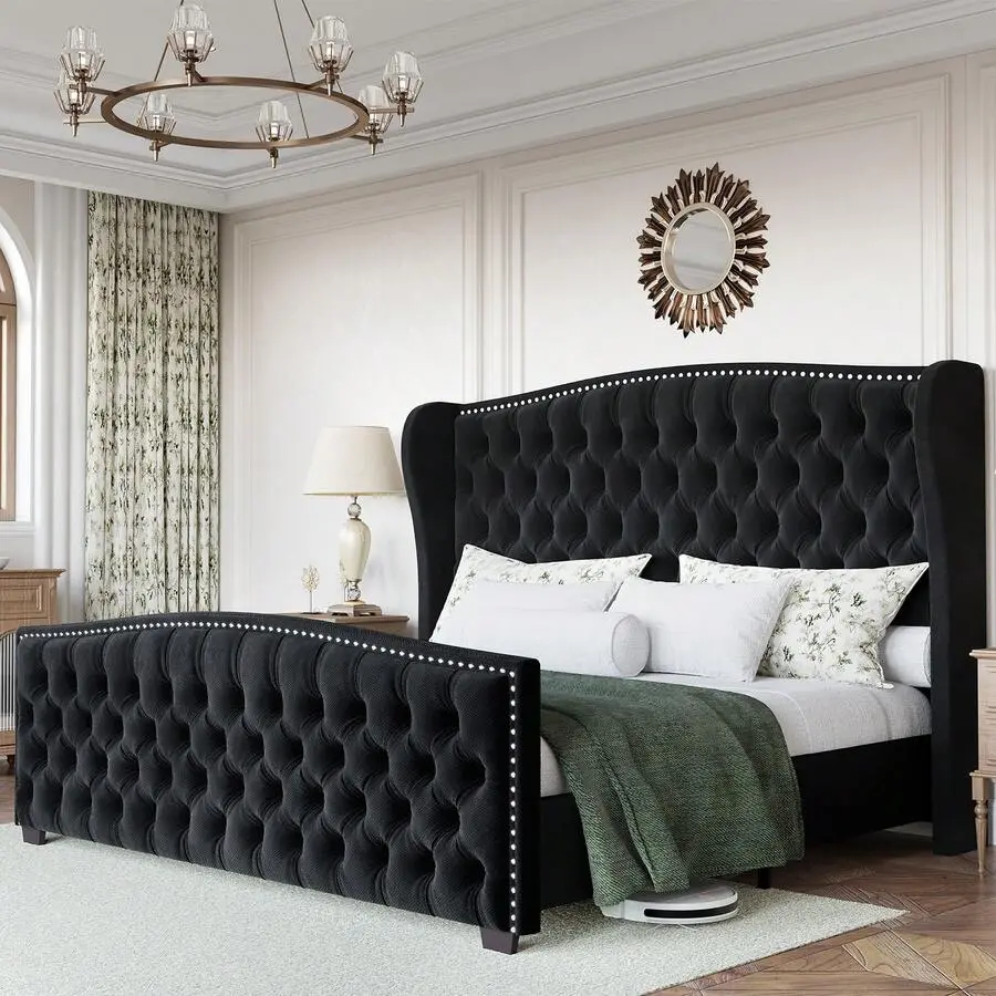 Queen/ King/ California King Size Bed Frame For Bedroom Furniture, Velvet Upholstered Platform Sleigh Bed With Curved Headboard And Footboard, Deep Button Tufted Design, Wood Slat Support, No Box Spring Needed, Black,corner bed frame,floor,cama,,twin