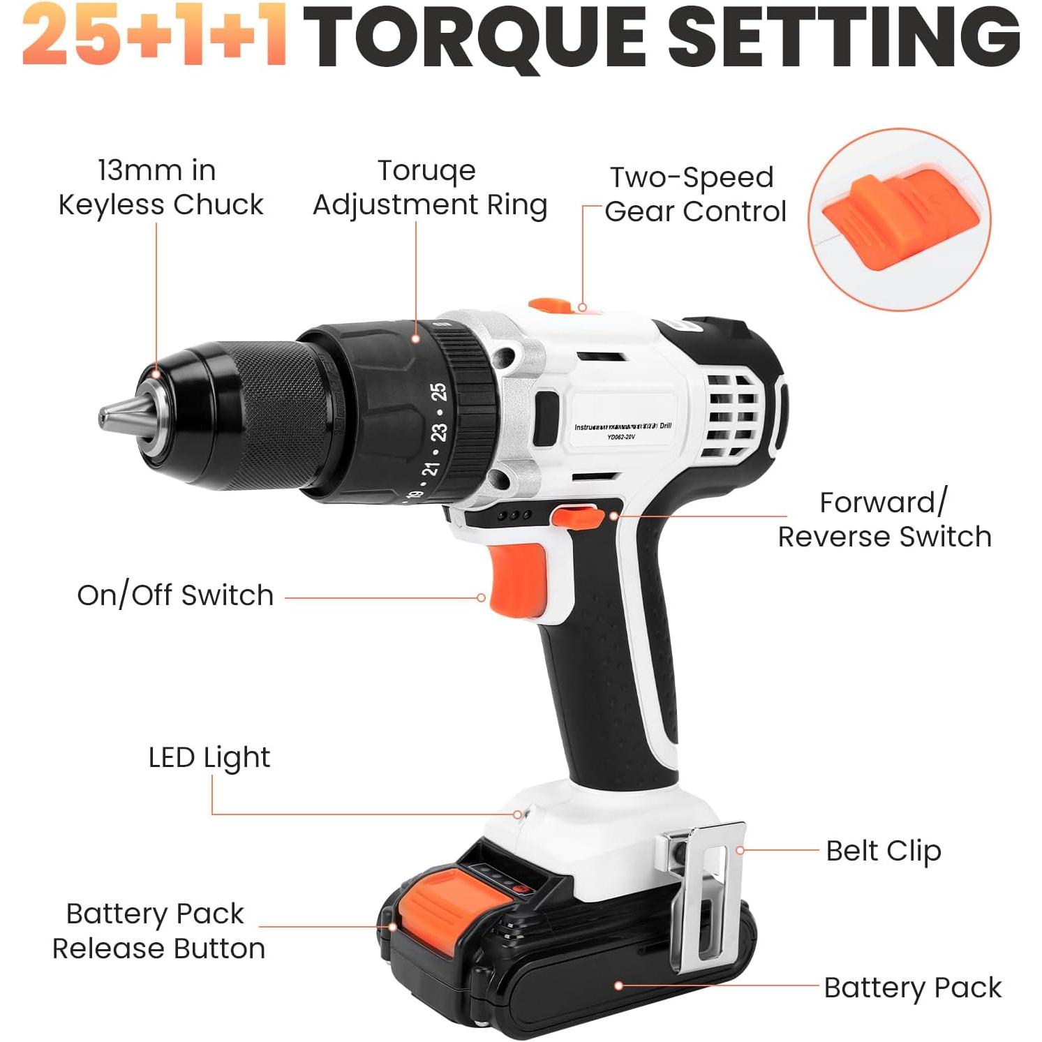 20V Cordless Drill Driver with Impact, 25+1+1 Torque Setting, 1/2