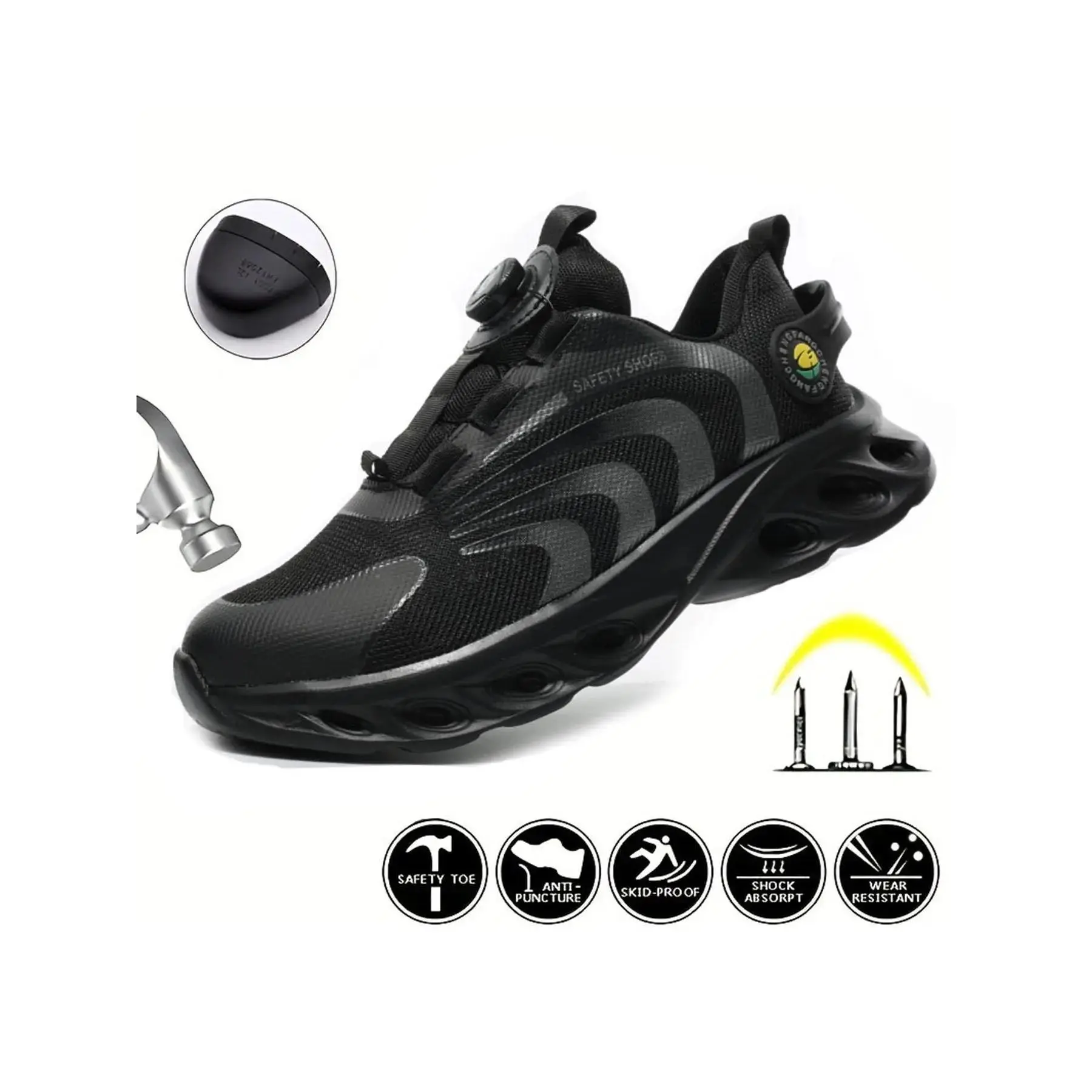 Men's Colorblock Rotary Buckle Steel Toe Trainers for Fall, Anti-smashing Anti-piercing Steel Toe Safety Shoes, Casual Summer Outfits 2025 Safety Sneakers for Daily Work, Comfort Walking Shoes, Footwear, Steel Toe Workshoes, Work Safety Shoes