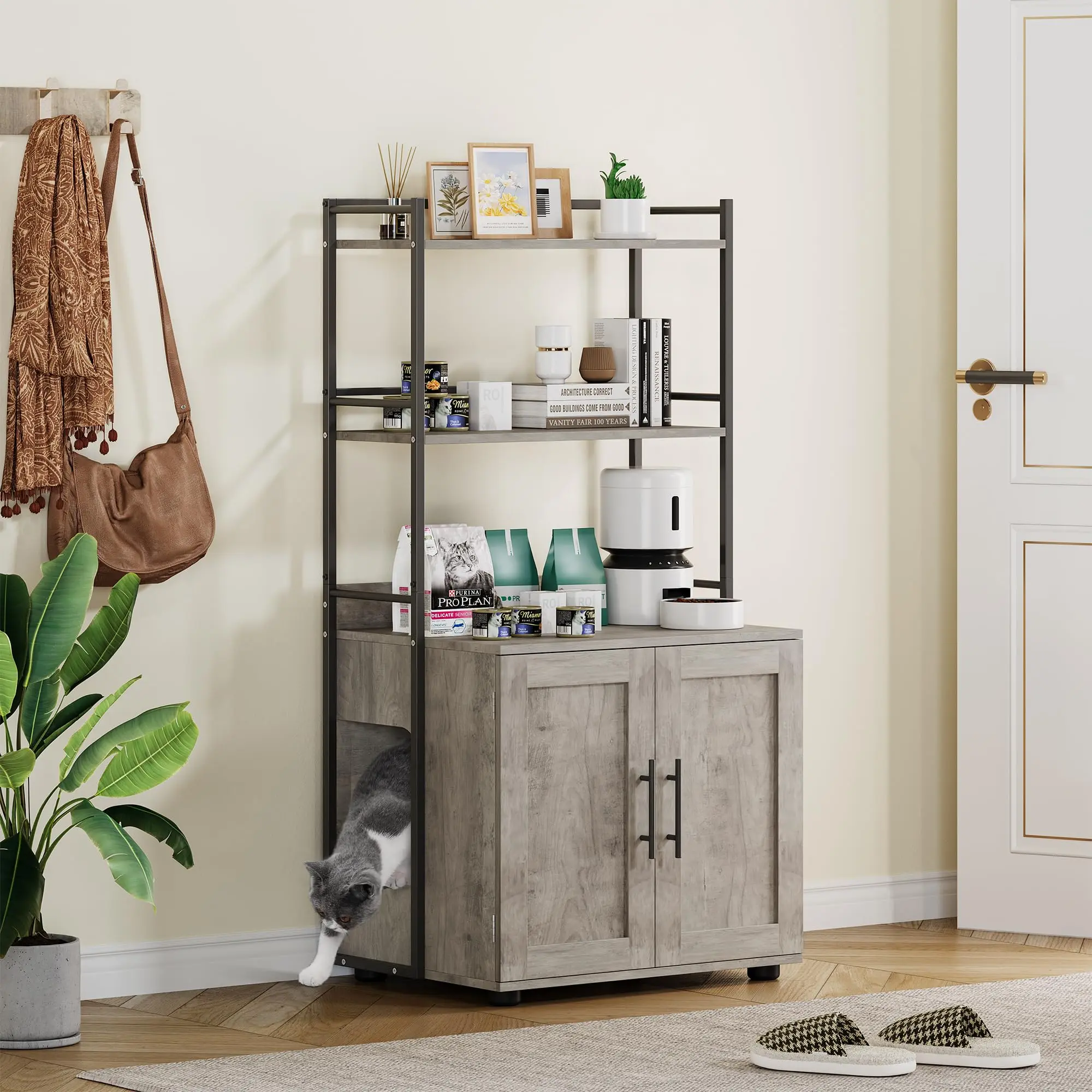Garvee Cat Litter Box Enclosure Furniture, Wooden Hidden Litter Box Furniture with 2-Tier Storage Shelves, Large Cat Washroom with Metal Frame for Livingroom, Entryway, Balcony