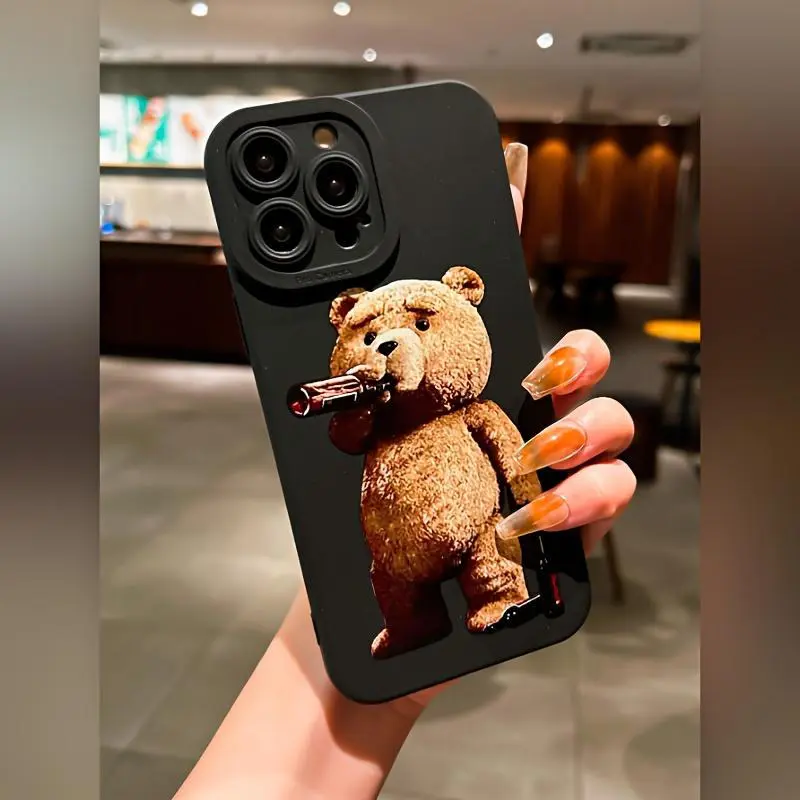 Cute Bear Drinking Soda Black Matte Protective Shockproof Anti-Drop TPU Lens Protection Cellphone Case, Smartphone Accessory for Phone 17/18,16,15,14,13,12,11 Pro Max