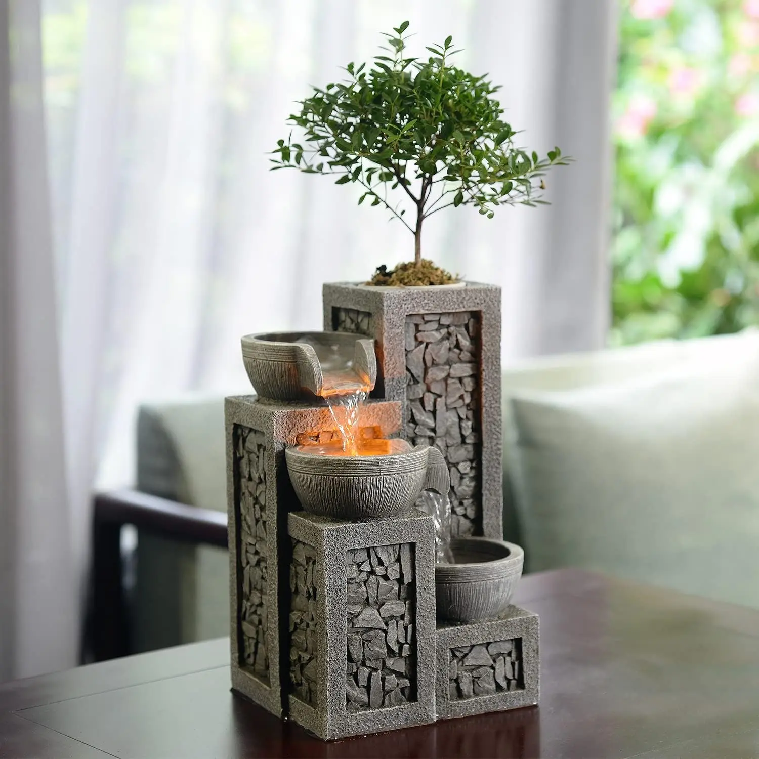 Indoor Tabletop Water Fountain – 3-Tier Resin Waterfall with LED Lights, Mini Bonsai Planter & Cascading Water Flow – Soothing Desk Fountain for Home, Office, Meditation Decor(22024)