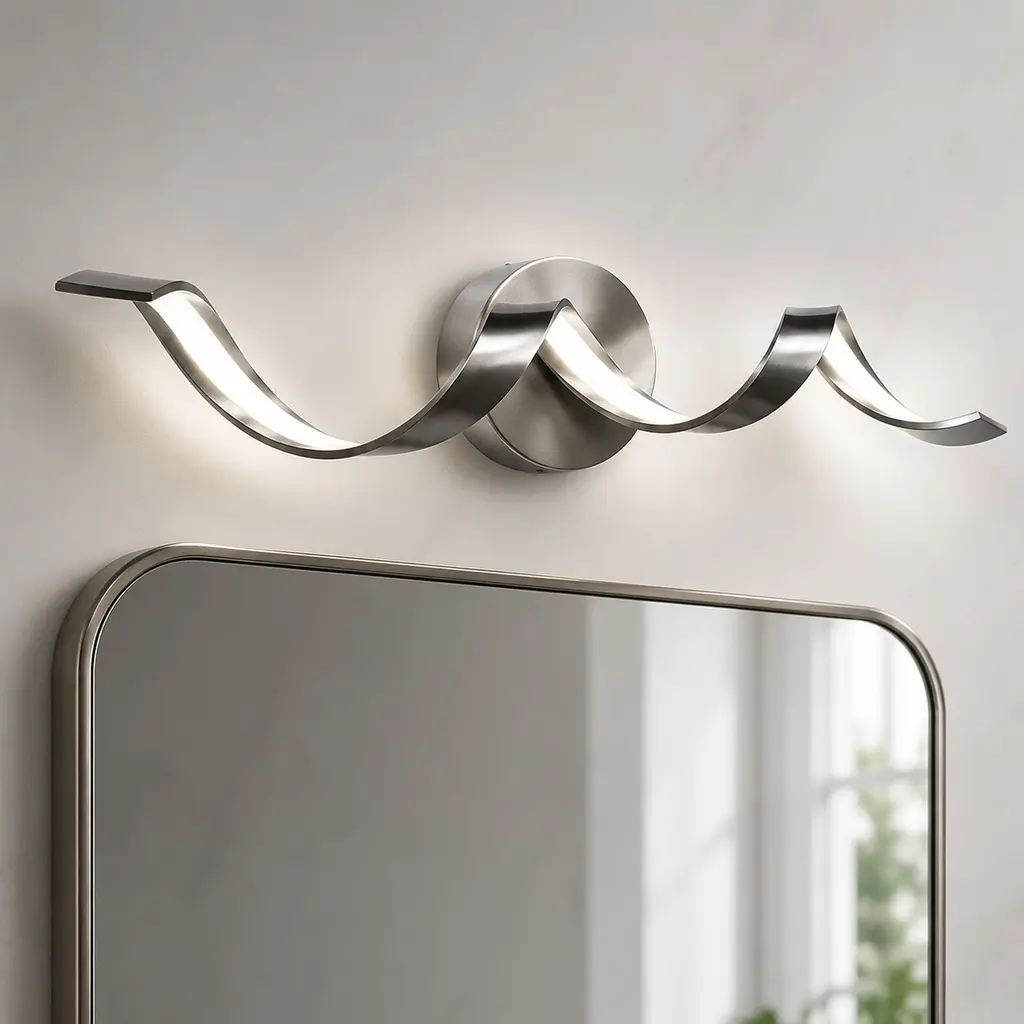 ARCH Furniture Contemporary 15W LED Bathroom Vanity Light Fixture, 24-Inch Dimmable Black Metal Wall Sconce Over Mirror, Spiral Design Acrylic Shade, 4.45w x 23.62d x 4.53h Inches, for Bathroom Living Room Humid Environments, Nickel
