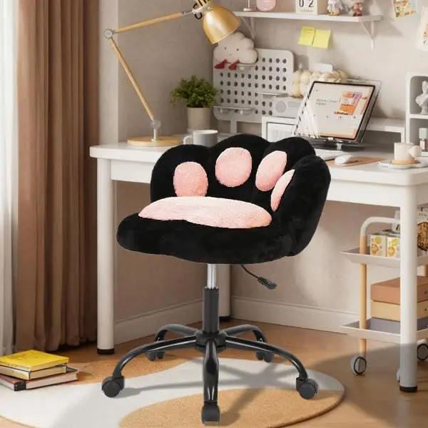 Cute Cat Paw Vanity Chair with Wheels Armless 360 Degree Swivel Height Adjustable Desk Chair Color Block Plush Cushion Makeup Chair for Bedroom Makeup Room Home Office