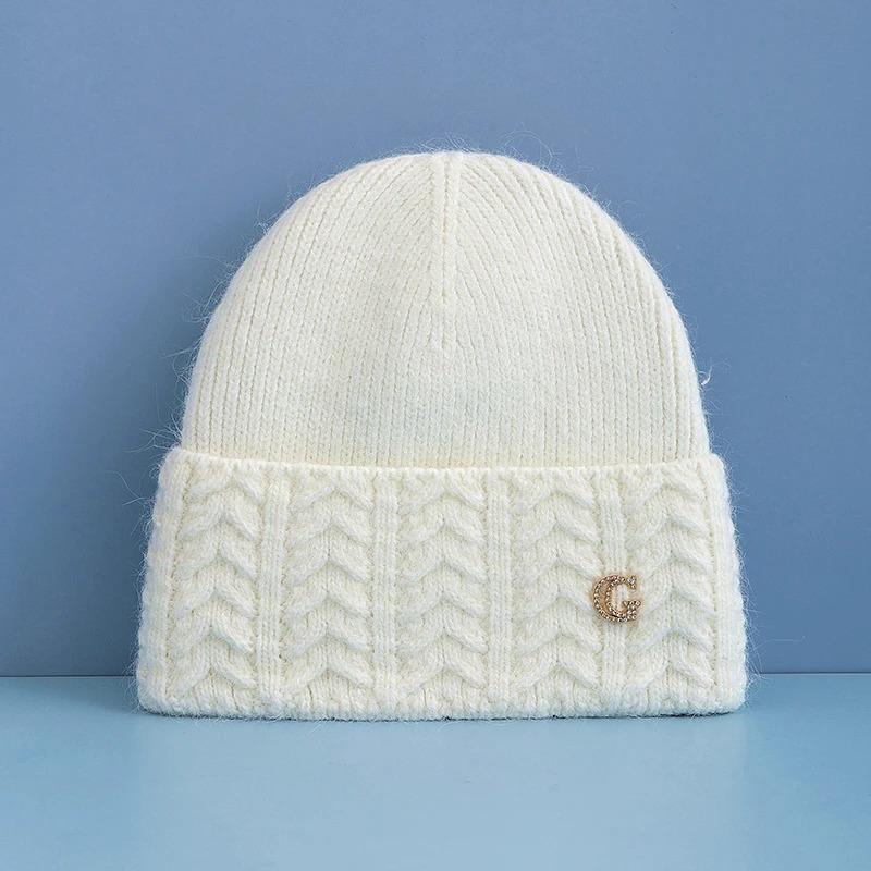 New Style Simple Chic Winter Hat G Letter Decor Rabbit Fur Beanie Elegant Winter Hats For Women Candy Colors Warm Knit Hats