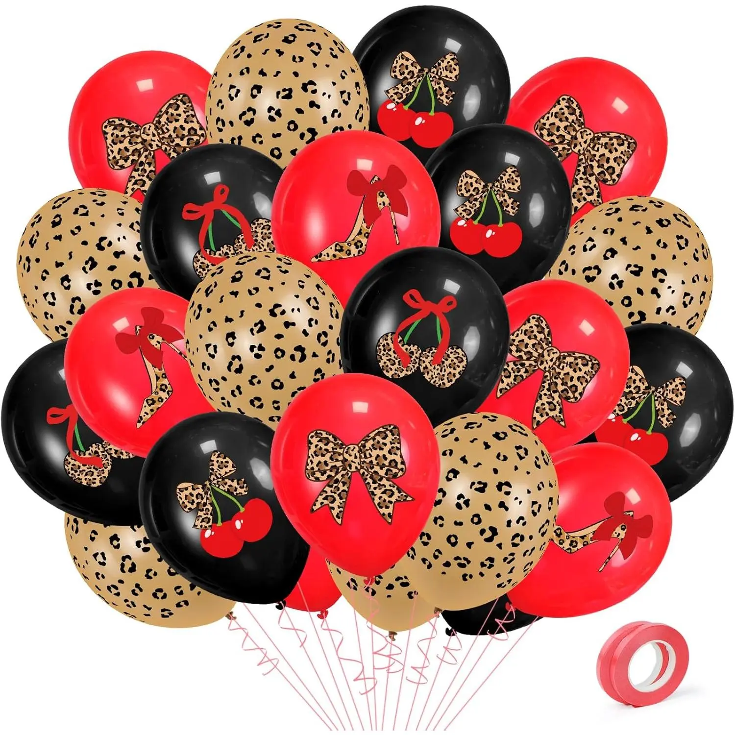 52 count  Cherry Print Birthday Decorations,12 Inch Leopard Bow Red and Black Latex Balloons Kit for Bachelorette Party Decor Women's Birthday  Shower