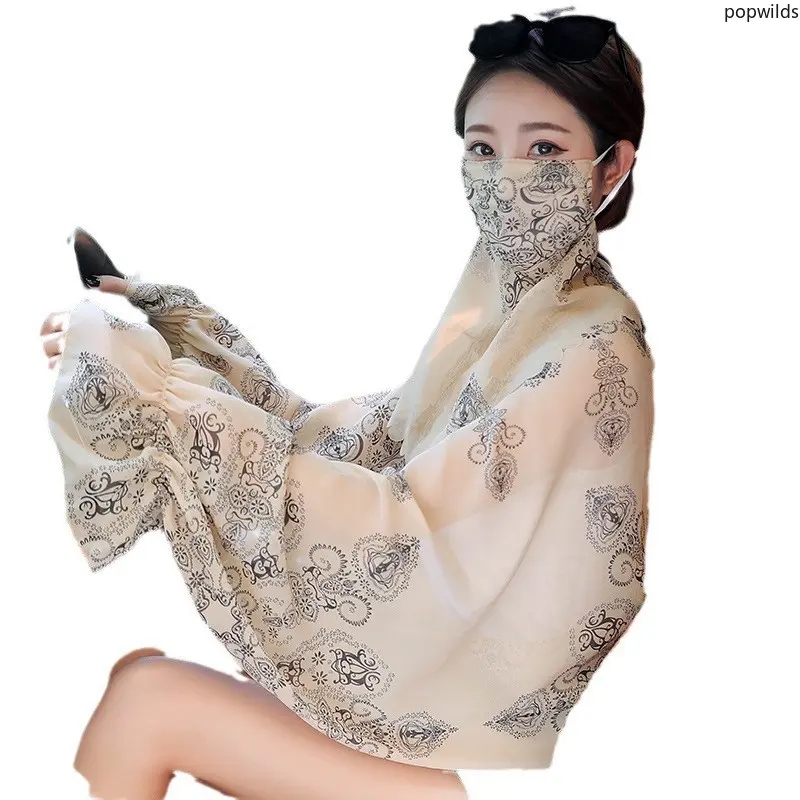 Women's Ice Silk Chiffon Sun Protection Shawl & Face Veil Set - UPF Anti-UV Thin Cooling Cover Up for Summer Driving, Cycling, Cooling Shawls, Light Cover-Up Shawls
