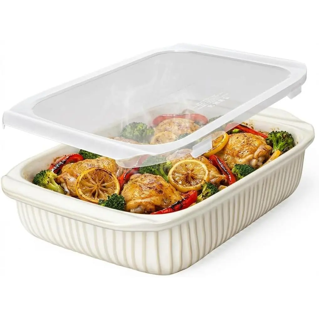 5.1-Quart Rectangular White Ceramic Baking Dish with Lid, Oven-Safe Casserole Pan with Handles, Deep Lasagna Bakeware