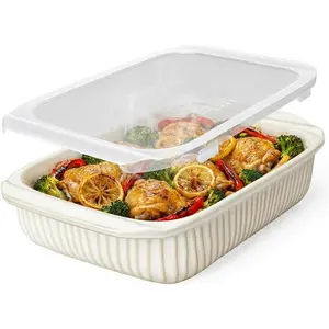 Baking Dish 5.1 Quarts, Casserole Dishes For Oven, Baking Pan With Handles, Lasagna Pan Deep, Large Casserole Dish, Rectangular White Ceramic Bakeware (Baking Dish With Lids)