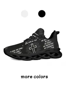 1 Pair Unisex Lightweight Thick Sole Cushion Sneakers, Cross Faith Theme Print, Comfortable Breathable Casual Sports Shoes