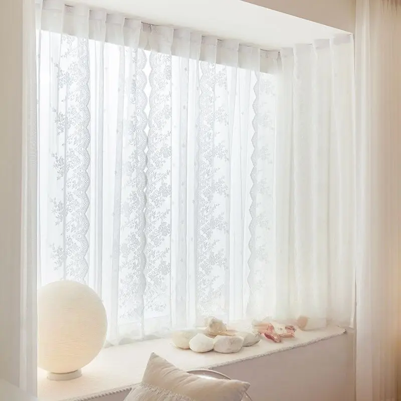 1pc Magic Tape Curtain, No Drilling Installation, Self-Adhesive Sheer Curtain, Light-Transmitting Not See-Through, Lace Wavy Fabric