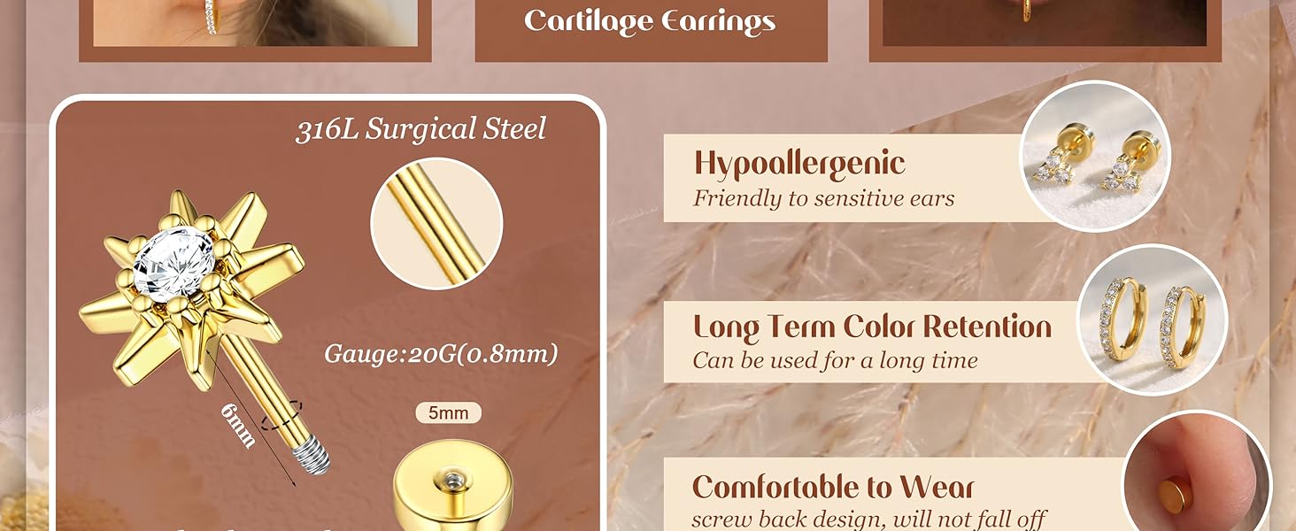 FASACCO 20G Flat Back Earrings Cartilage Earring Sets for Multiple Piercing Surgical Stainless Steel Earrings for Women Trendy Earring Stacks Small Huggie Hoops Flatback Stud Earrings Set