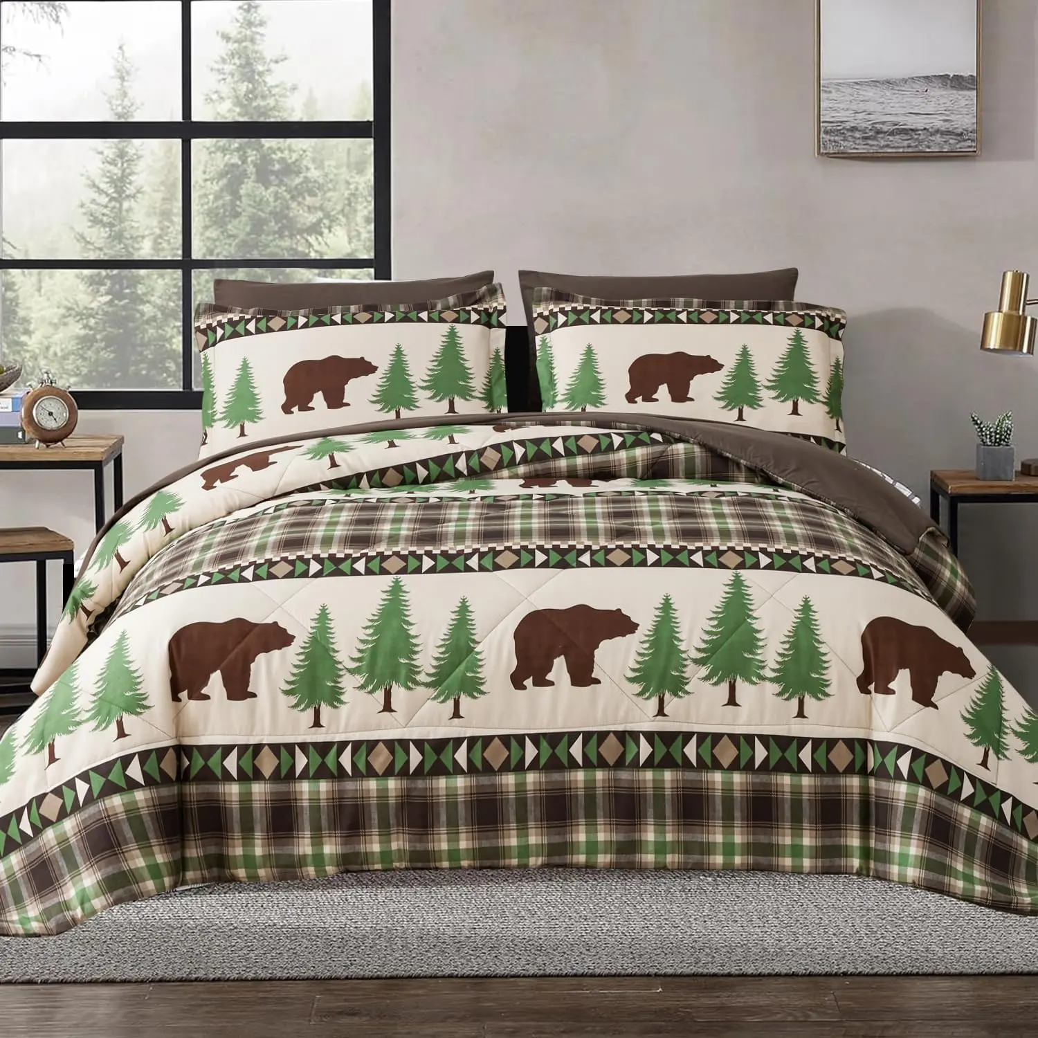 Comforter Set  Size Rustic  Comforter Bedding-7  Bed in a Bag, Soft  Reversible Microfiber Bedding Set(1 Comforter,1 Flat Sheet,1 Fitted Sheet,2 Pillowcases,2 Pillow Shams),Green