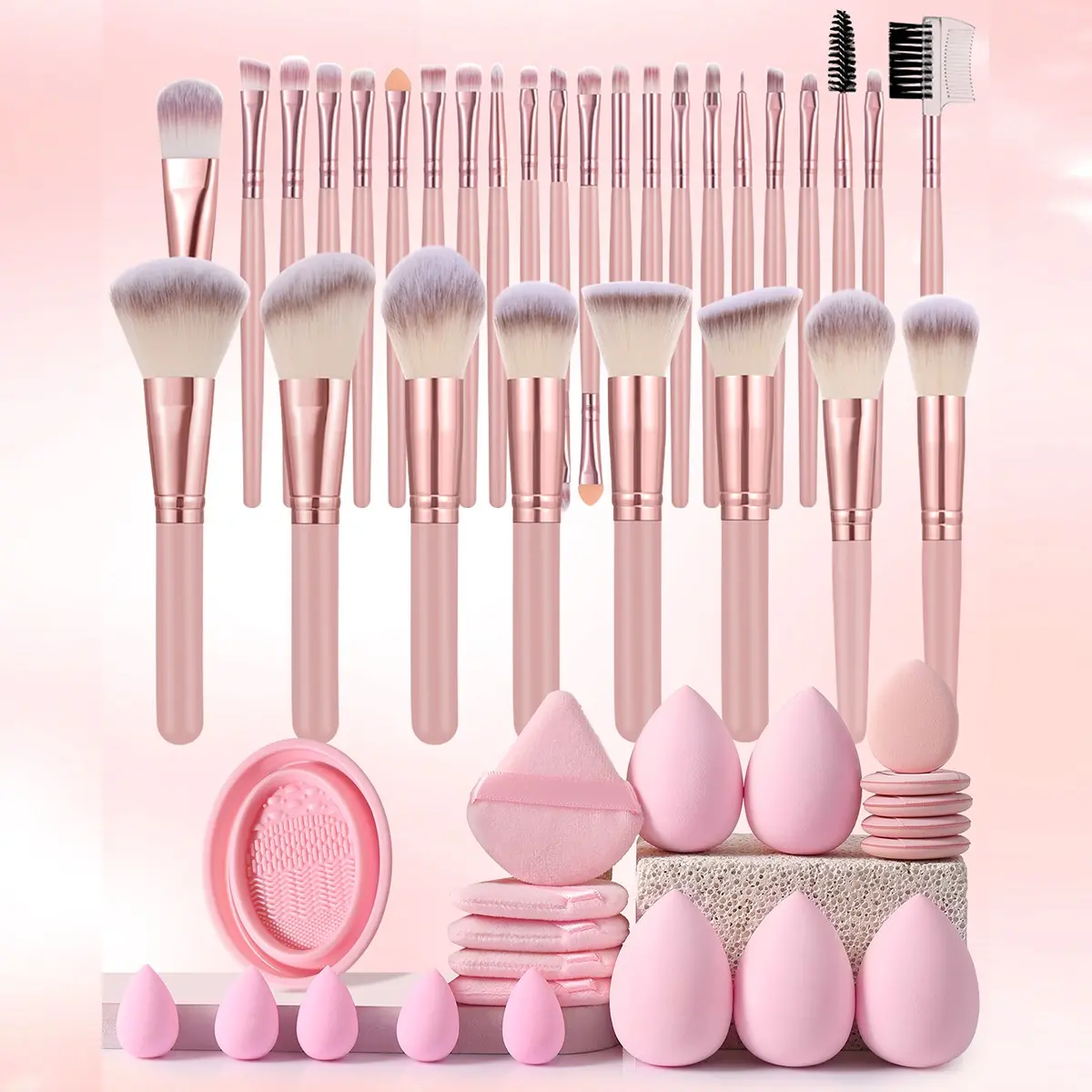 51pcs Makeup Tool Set, Makeup Brushes Kit, Cosmetics Brush Set, Includes 30pcs Peach Color Brushes, 5pcs Sponge, 5pcs Mini Sponge, 5pcs Triangle Powder Puff, 1pcs Brush Cleaner