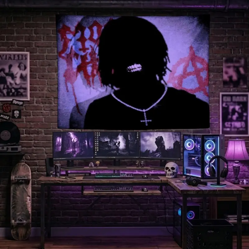 Dark Gothic Punk Silhouette Tapestry Red Cross Anarchy Graffiti Backdrop Wall Hanging Edgy Metal Rock Boy Cave Bedroom Gaming Room Decor Dorm Background Banner