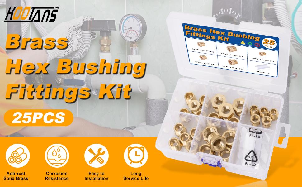 25 count Brass Hex Bushing Kit Brass Fittings Assortment 1/4" to 1/8", 3/8" to 1/8", 3/8" to 1/4", 1/2" to 1/4", 1/2" to 3/8" NPT Reducer Pipe Fittings Adapter Fitting