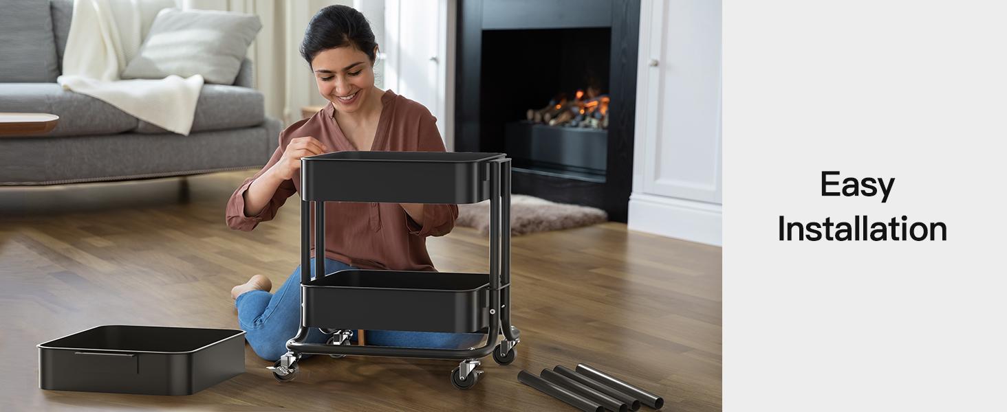 3 Tier Metal Rolling Utility Cart, Heavy-Duty Storage Rolling Cart with 2 Lockable Wheels, Multifunctional Mesh Organization Utility Cart for Kitchen Dining Room Living Room (Black)