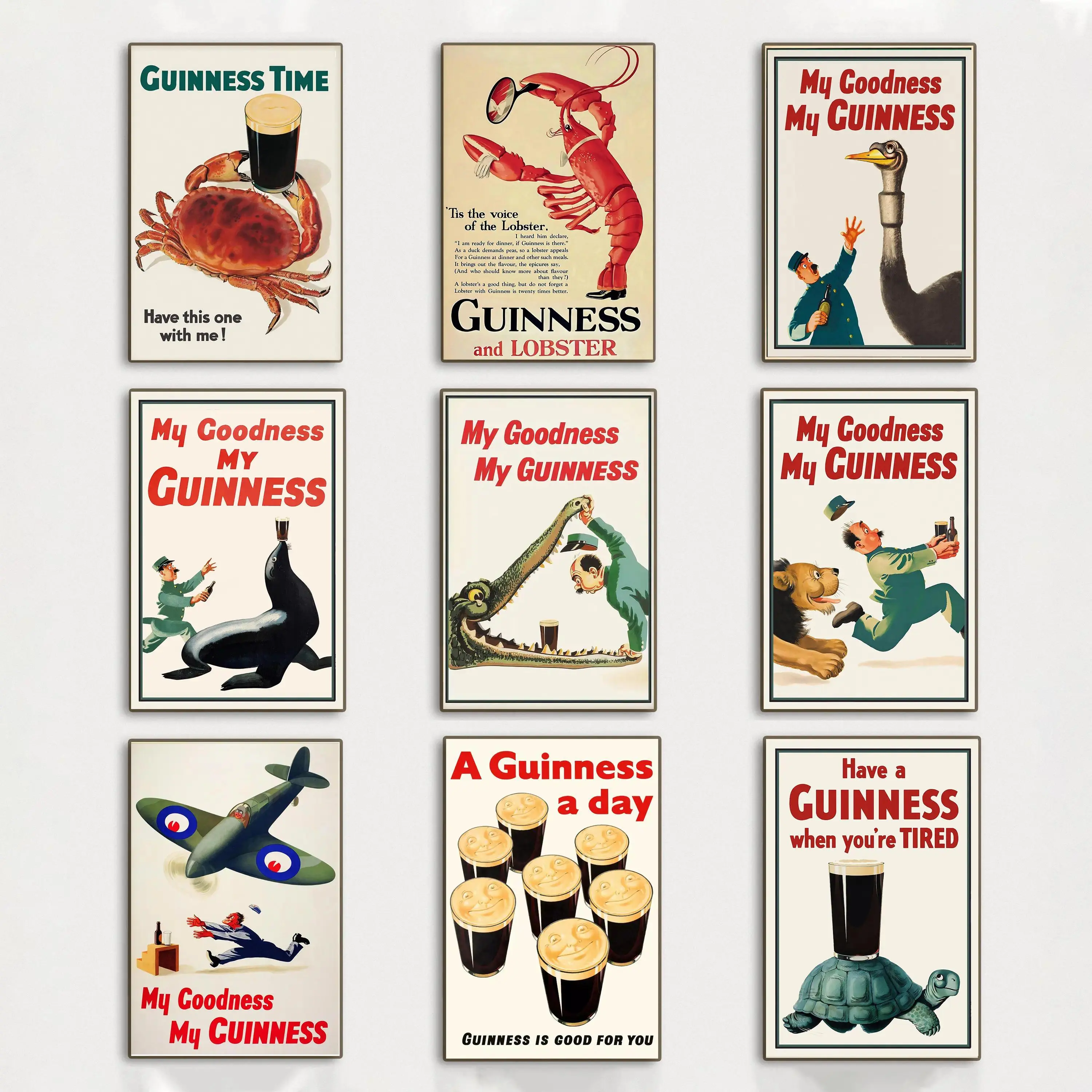 Guinness “My Goodness My Guiness” Funny Vintage Canvas Wall Art Poster Set Absurd Retro Drinking Humor Prints, Crazy Bar Meme Style Decor for Kitchen, Man Cave & Bathroom, Viral Funny Gift for Beer Lovers