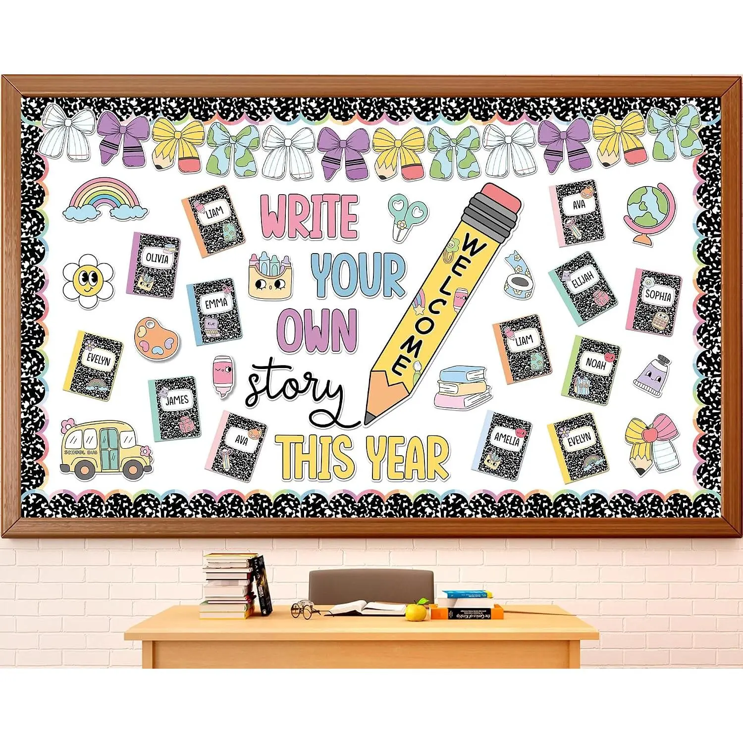 Modern Back-to-School Bulletin Board Set with Composition Notebook Decor, Colorful Pencil Bow Cutouts, Welcome Sign for Classrooms, Office Chalkboard Wall Decor, Whimsical Home Decor