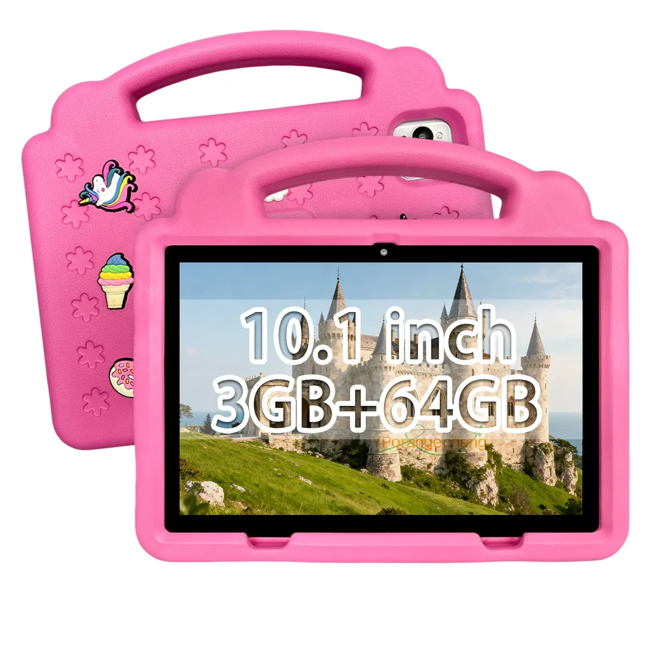 10.1" Android Kids Tablet, 64GB. Parental Control for time & content, 5G‑WiFi, Bluetooth. Pre‑loaded learning apps, with protective case, pink/blue/green/orange options. Great for holiday & birthday gifts. USB cable included, adapter not included.