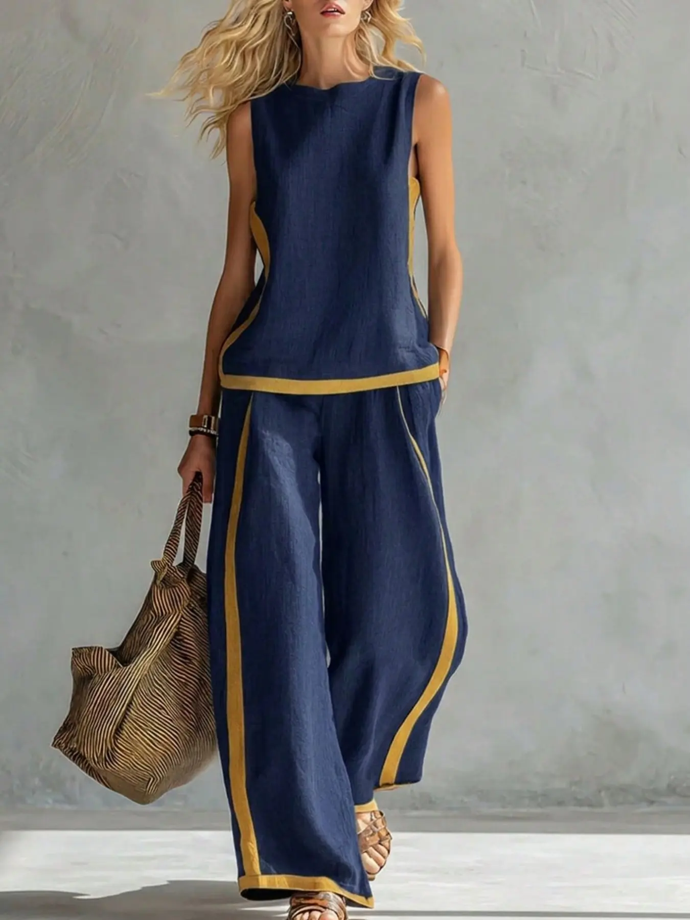 Summer Women's 2-Piece Set, Colorblock Round Neck Sleeveless Top, High Waist Wide Leg Pants, Casual Loose Fit, Clothes