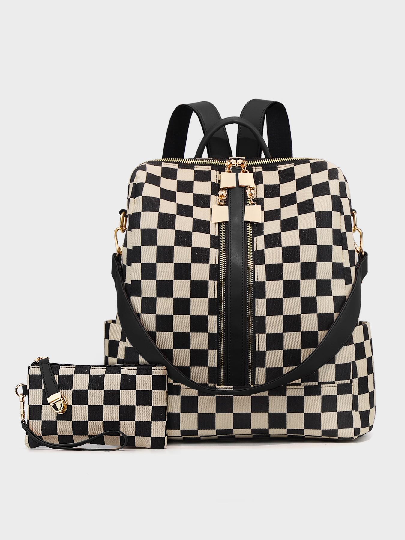 Checkerboard Pattern Backpack Set, Women'S Fashionable Vintage Trendy Casual Large Capacity Zipper Travel Backpack & Wristlet, Multifunctional Bag Set For Daily Use