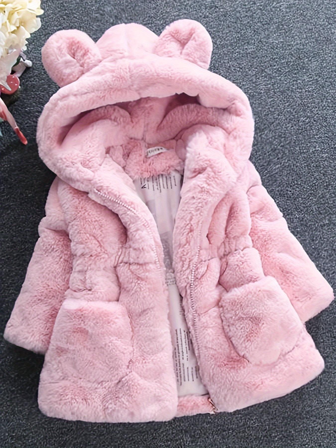 Girls' Soft and Cute Plush Hooded Jacket Thick Fleece Open Front Warm Winter Autumn Clothing Outdoor Wear Pink