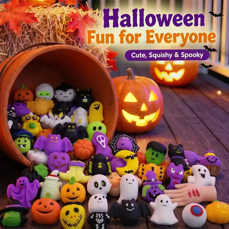 Halloween Squishies Stress Relief Toy Set, Classic Pumpkin/Ghost/Bat Shapes, Super Soft TPR Material with Elastic Squeeze Feel, Washable & Durable, Assorted 30/60/90pcs for Party Favors, Classroom Rewards & Trick-or-Treat
