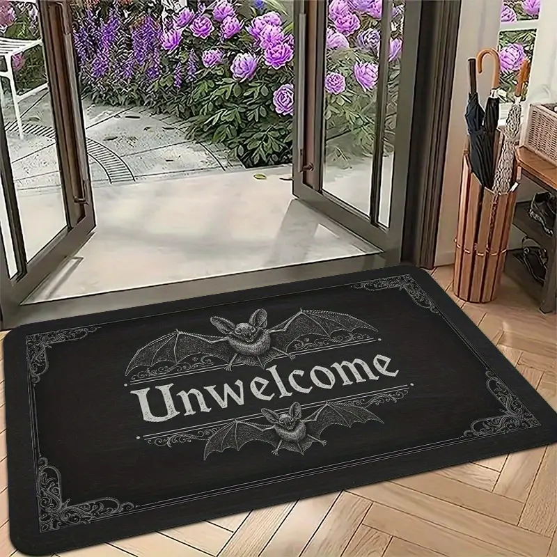 Classic Bat-Themed Anti-Slip Traction Doormat - Gothic Bat Silhouette Design, Dustproof, Lightweight, Durable, 24x16 inch/32x20 inch, White/Black Indoor/Outdoor Textile Home Decor for Entryway, Kitchen