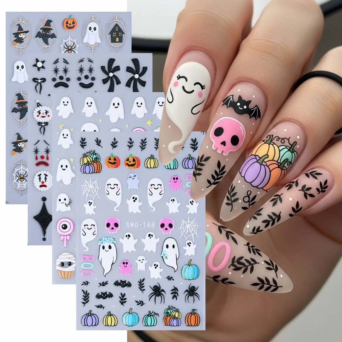 4pcs Halloween 3D Nail Stickers, Cute Ghost Pumpkin Bat Clown Face Design, DIY Nail Art Decorations, Nail Art Designs, Nail Art Supplies for Women and Girls