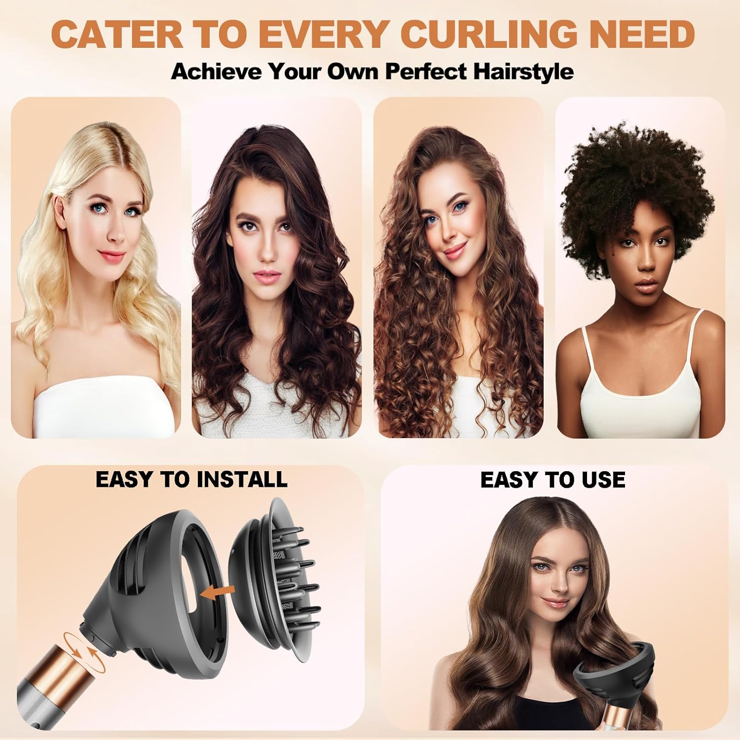 Curl Diffuser Attachment for Airwrap, Upgraded Nozzle Dome and Diffuse Modes for Faster Drying and Defined Curls, Grey