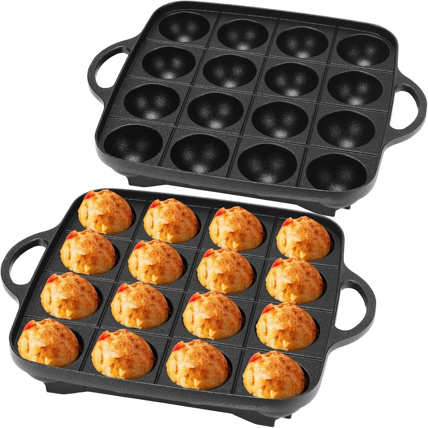 2 Pack 16 Holes Nonstick Takoyaki Grill Pan Japanese Octopus Ball Maker Meatball Egg Mold Stovetop Baking Tray for Kitchen Restaurant Cooking Gifts