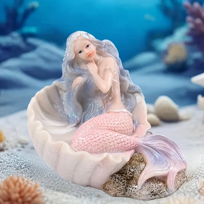 Handmade Resin Mermaid Sculpture - Anime Style Ocean Theme, Sparkling Scales and Pearl Shell Base, Suitable for Home, Office, Coastal Party Centers (No Electricity Required), Interior Decoration | Anime Mermaid Design | Shining Details