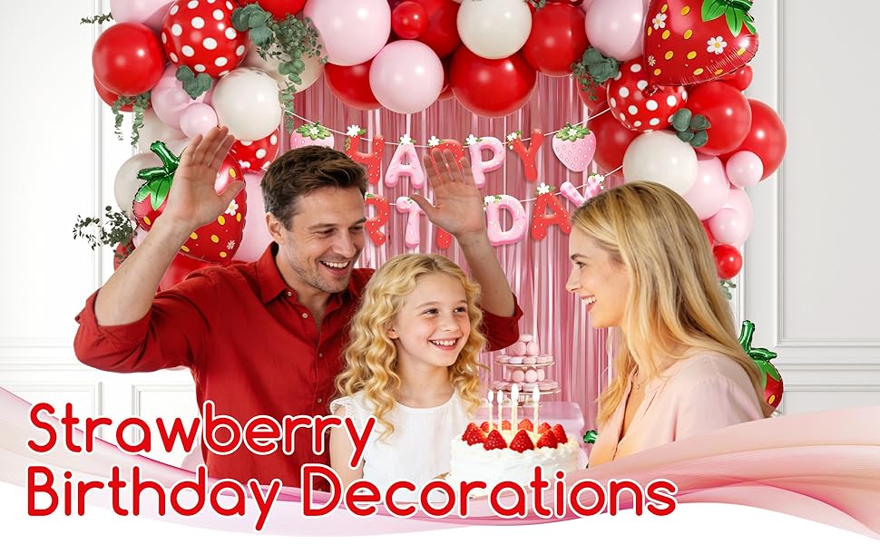 Strawberry Birthday Party Decorations Set with Pink Fringe Curtain, Happy Birthday Banner & Pink Red Sand White Balloons, Ideal for Strawberry Themed 1st Birthday & Baby Shower