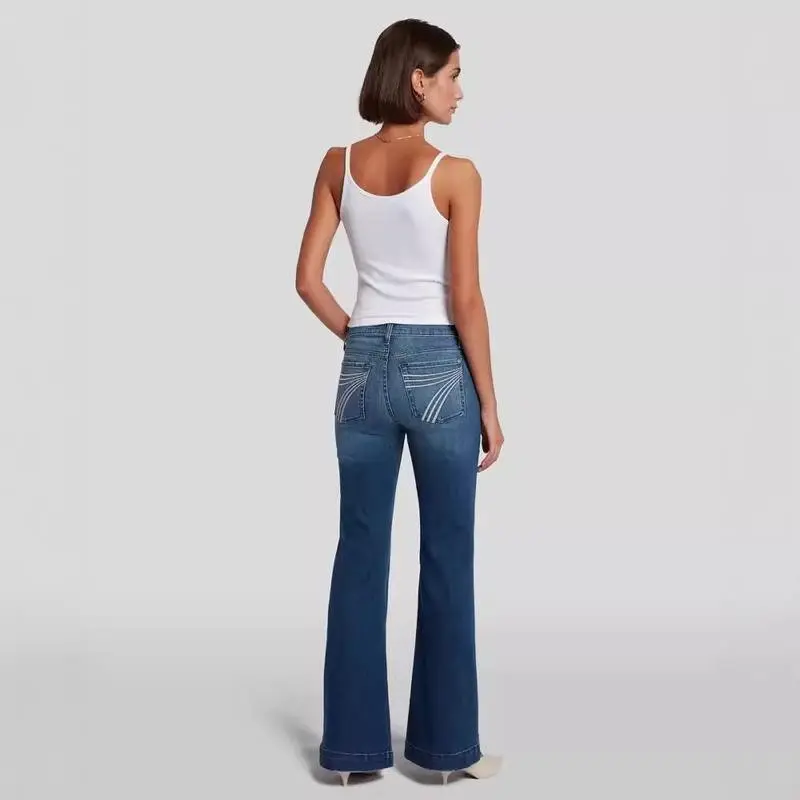 Womens' flared jeans,Slim fit elastic mid rise flared jeans for women,Three kinds of trouser lengths. Pants Denim 90s outfits Basic Womenswear Women's Loose Capri with Pockets Belt Bottoms Casual Love Outdoor Soft
