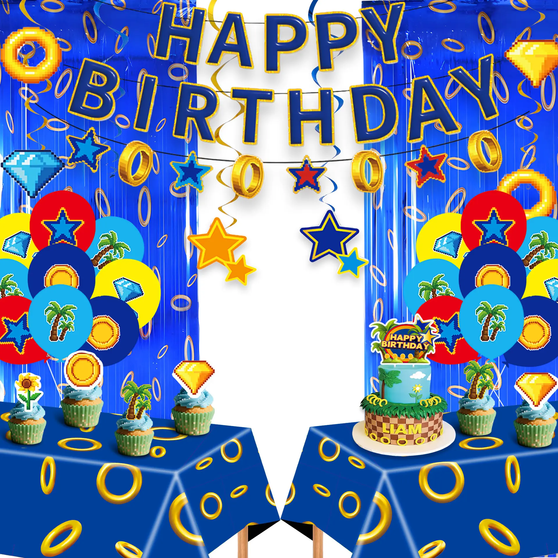 Sonic The Hedgehog Theme Party Supplies, Happy Birthday Banner Flag Latte Balloon Rain Curtain Ornament Set for Kids Video Game Decoration