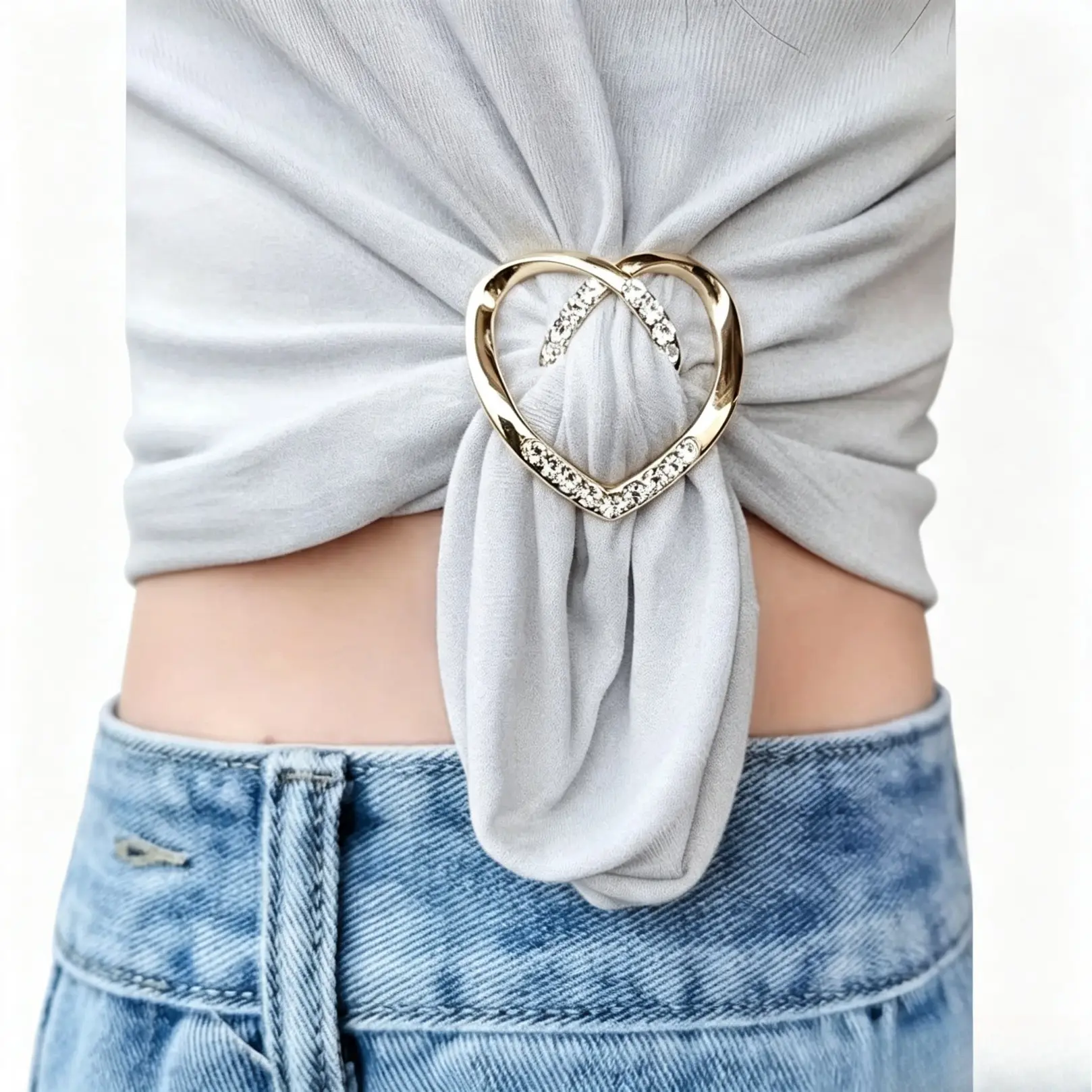 Women's Rhinestone Heart Metal Clip - Clothing Knot Buckle, Shirt Hem Fastener, Elegant Clothes Decor Accessory for Daily Wear
