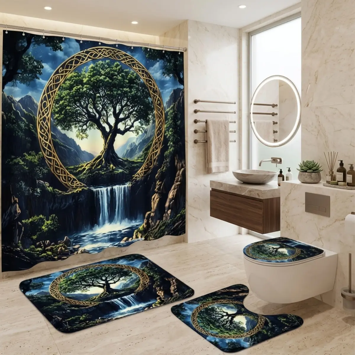 4pcs Celtic Tree of Life Waterfall Bathroom Printed Shower Curtain Set, Enchanted Forest Mountain Landscape Print, Moonlit Night Nature Decor, TikTok Trending Home Style, Holiday Gift Theme