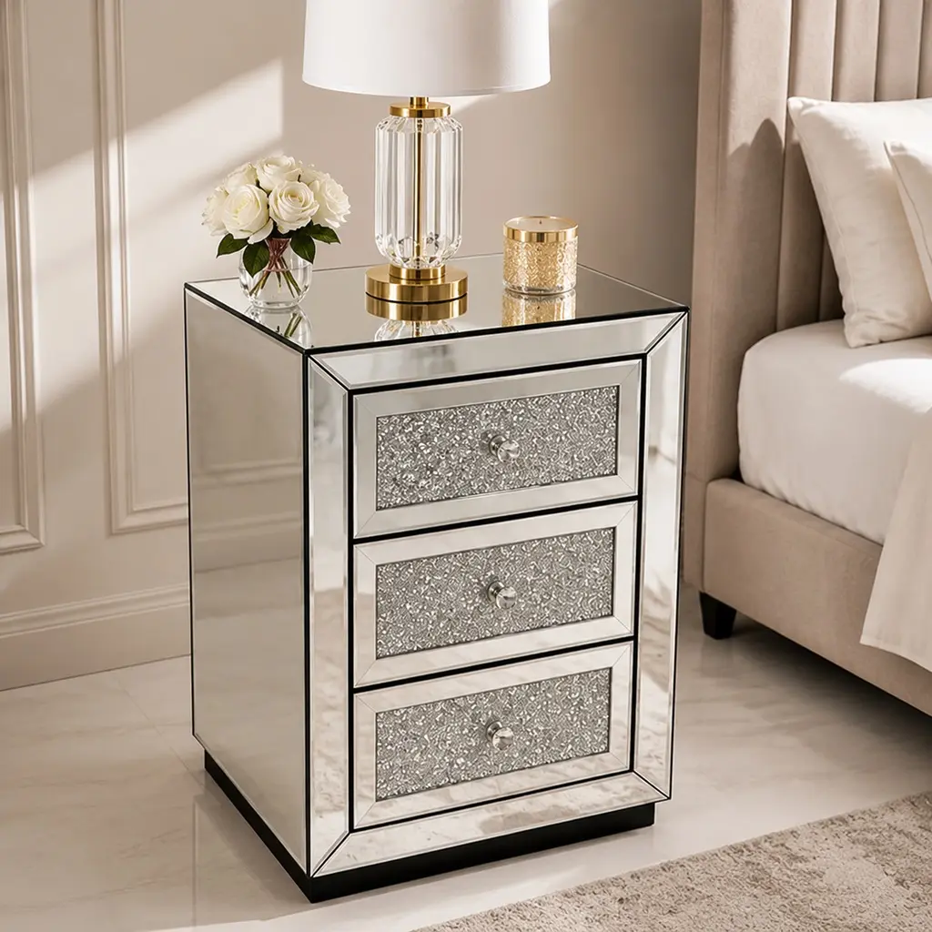 Glam Mirror Top 3-Drawer Free-Standing Mirrored Nightstand - Silver MDF+Glass Contemporary Bedside Table, Multifunctional Storage, 15.75x15.75x22.8in Bedroom Accent Piece, Easy to Wipe with Dry Cloth