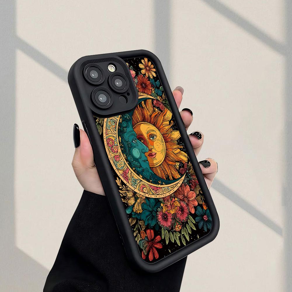 Stylish Phone Case Featuring a Sun And Moon Floral Design, Offering Shock Resistance And Anti-Fingerprint Properties. It Provides Full Coverage And Is a Thick, Soft Protective Case with iPhone 17 E Air Pro ProMax iPhone16 15 14 Plus 13 12 Mini 11 X XS XR