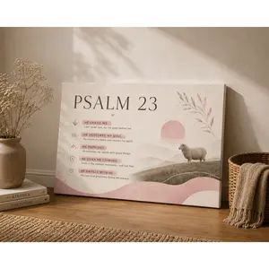 Psalm 23 Bible Verse Horizontal Canvas Wall Art, Watercolor Christian Scripture Poster, Pink and Beige Home Decor, Available as Unframed Canvas Poster or Framed Canvas Wrap