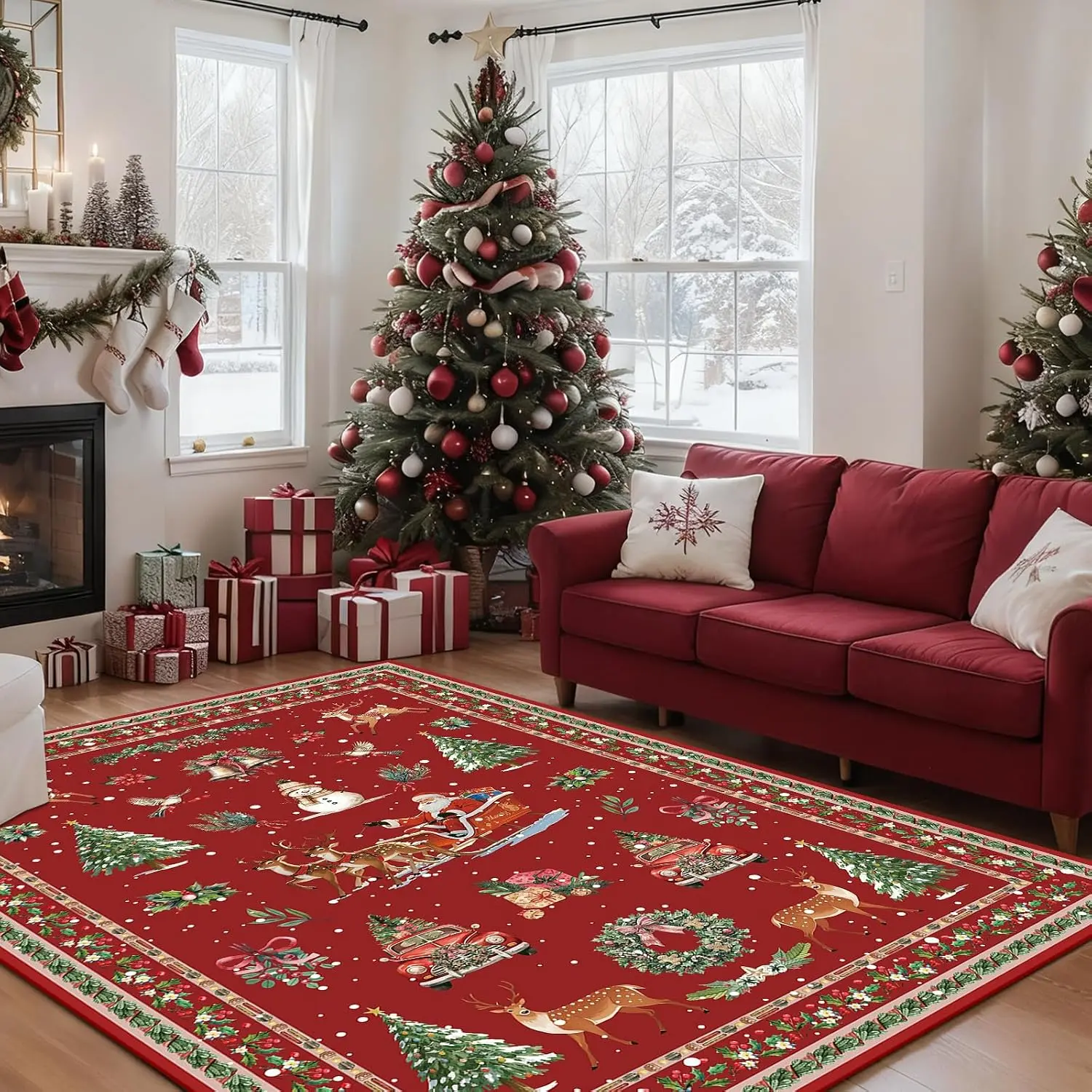 Christmas Area Rug 5x7 for Living Room Xmas Holiday Large Carpet Decoration Washable Non Slip Soft Low Pile Christmas Tree Santa Claus Reindeer Rugs for Dining Room Bedroom Kitchen Entryway  Decor