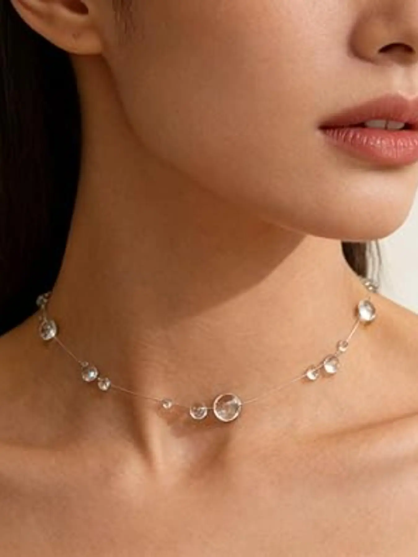 Women's Crystal Drop Choker Necklace, Sterling Silver Ultra Thin Invisible Wire Choker Necklace Graduated Multi-Size Clear Water Drop Transparent Glass Beads Quiet Luxury Neutral Lightweight Stackable Fairy Delicate Statement Collar Jewelry For Women
