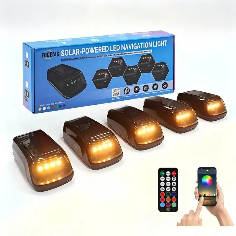 5pc Waterproof Solar LED Roof Warning Light for Pickup Semi Truck SUV Off-Road | RGB Multi-Mode Strobe | Remote & APP Control | Vibration Mode, No Drilling Needed