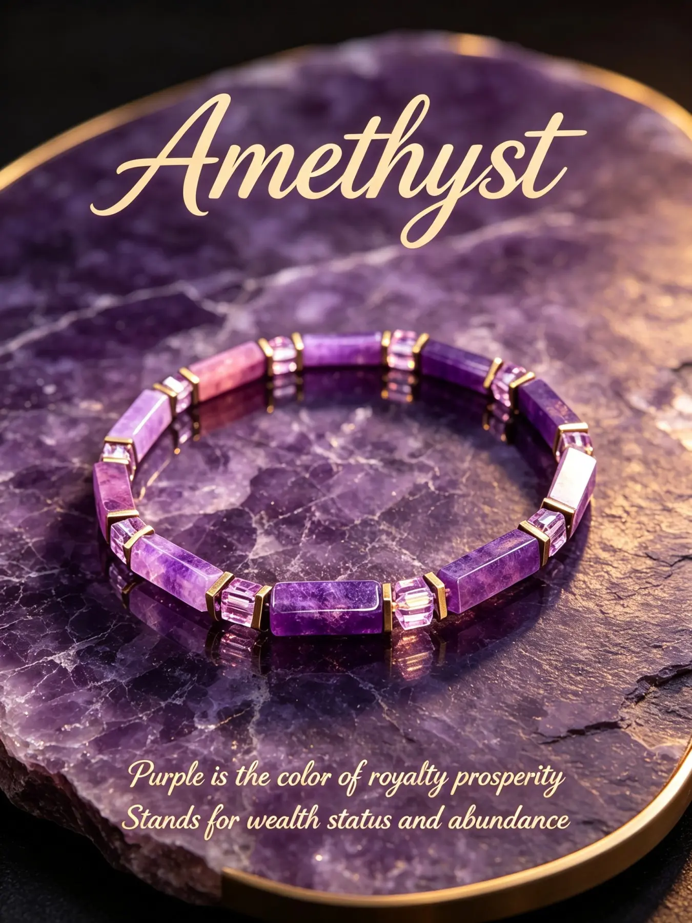 Women's Natural Amethyst Rectangle Bead Stretch Bracelet, Purple Amethyst Tube Beads with Clear Crystal Accents & Gold-Tone Spacers, Elastic Band, Elegant Luxury Wrist Jewelry for Daily Party Birthday Gift